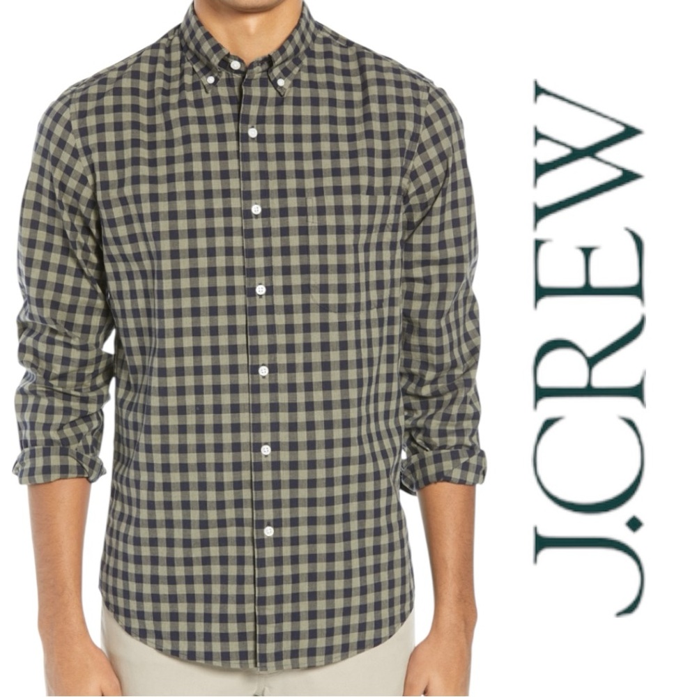 J. Crew Organic Cotton Slim Stretch Secret Wash Shirt in Olive/Navy Gingham •M